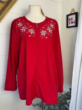Just My Size Christmas Red Floral Fleece Zip Up Sweater Cardigan 1X Lightweight